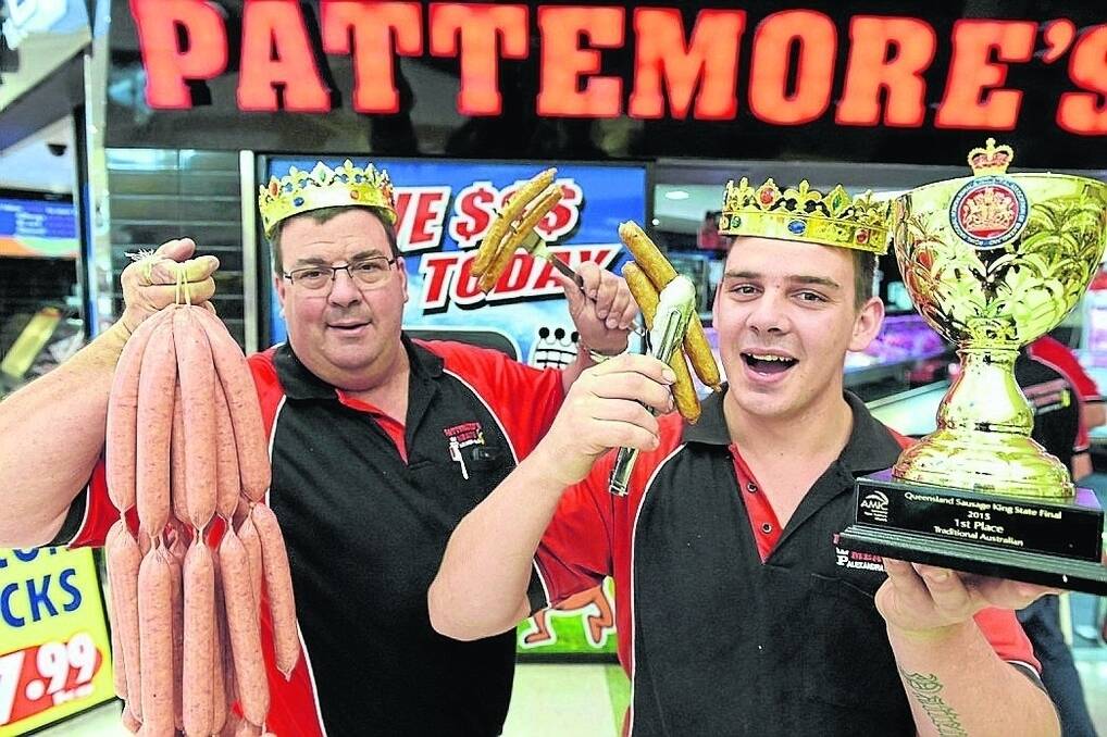 Daryl Pattemore, Pattemore Meats, Alexandra Hills, and son Tye clinched the  2015 state traditional Australian Sausage King award. - <i>Picture: RODNEY GREEN.</i>