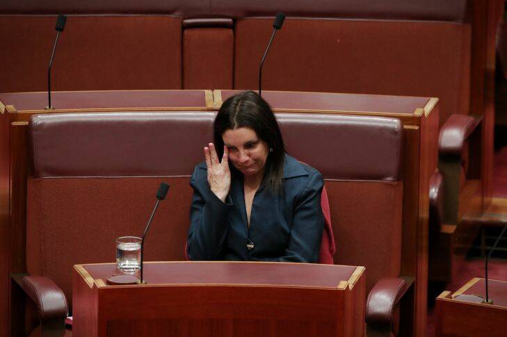 Senator Jacqui Lambie after she informed the Senate she intends to resign because of dual citizenship by descent at Parliament House in Canberra on Tuesday 14 November 2017. Fedpol. Photo: Andrew Meares