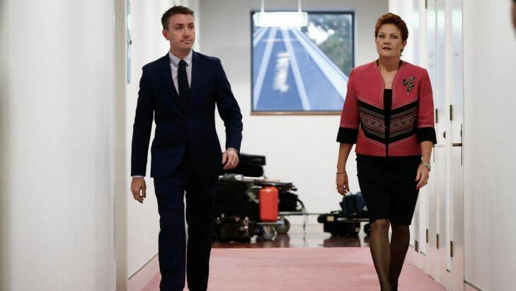 Senator Pauline Hanson and her adviser James Ashby arrive in the press gallery for an interview, at Parliament House in Canberra on Monday 27 March 2017. fedpol Photo: Alex Ellinghausen Photo: Alex Ellinghausen