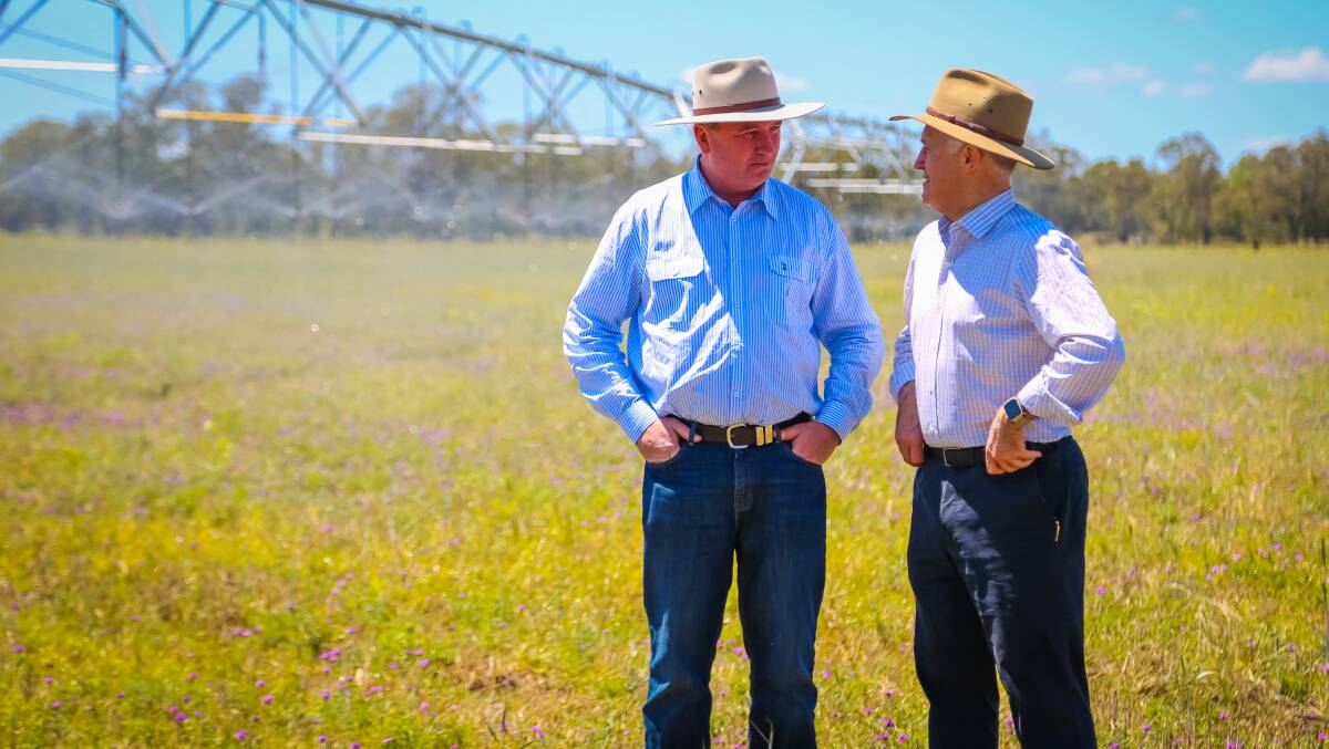 Deputy PM Barnaby Joyce and PM Malcolm Turnbull discuss Rookwood Weir in Rockhampton last year. 
