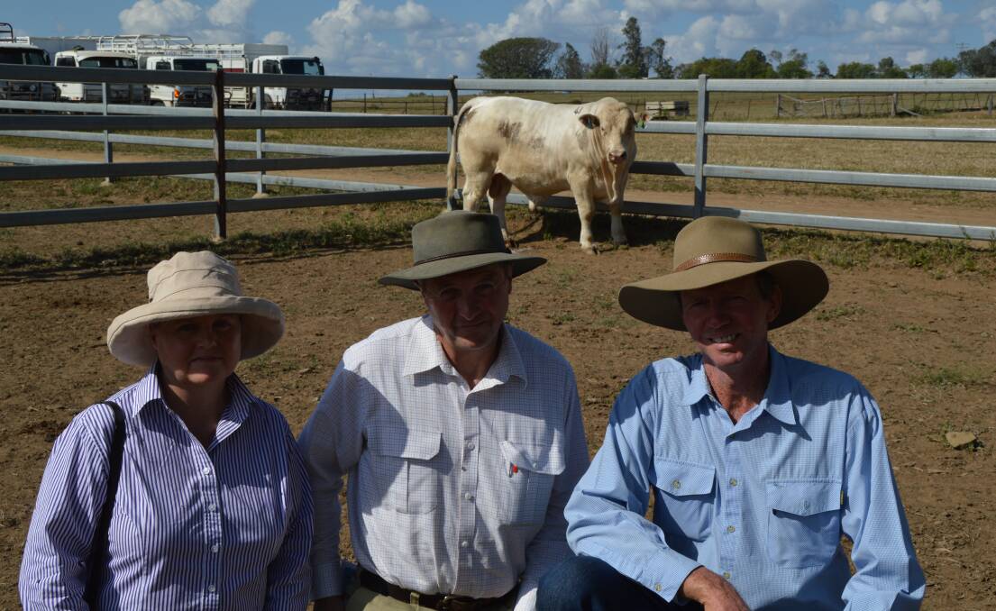 Perfect match: Lisa and Matthew Vinicombe, Eurongilly, NSW, with David Cass, Ayr Charolais, and top priced bull, Ayr Egypt's Gypsland 2nd.