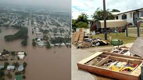 Left: The flooded Ingham area between Cairns and Townsville in north Queensland in early February 2009. Right: Water-damged goods lie on the side of the road in Ingham after the floods receded. Photo: Herbert River Express/AFP/AAP