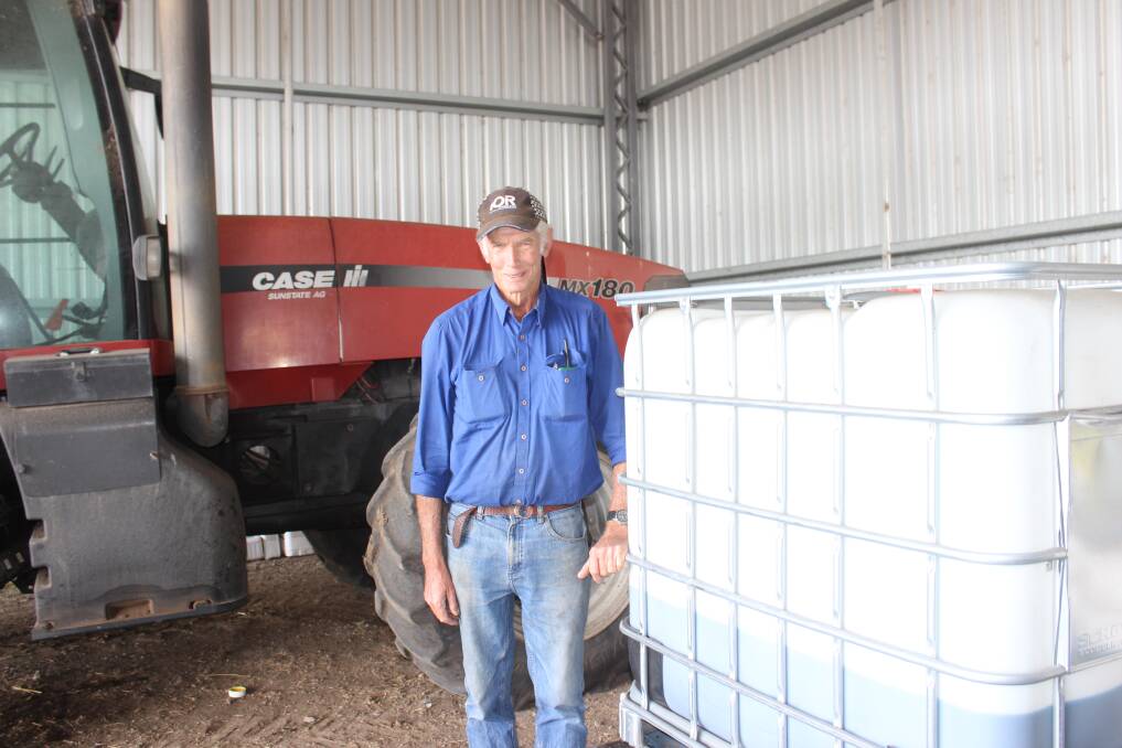 Pilton Valley farmer Phil Moar, Emdale, with his 1000 litre shuttle of the chemical glyphosate which usually lasts him about 12 months. Picture: Helen Walker