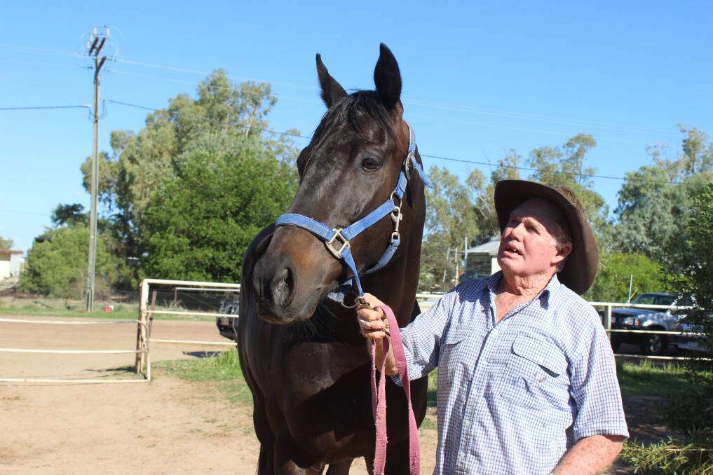 Blackall horse trainer Charlie Prow with stable favourite Northern Magic who won 13 races in the last racing season.  
