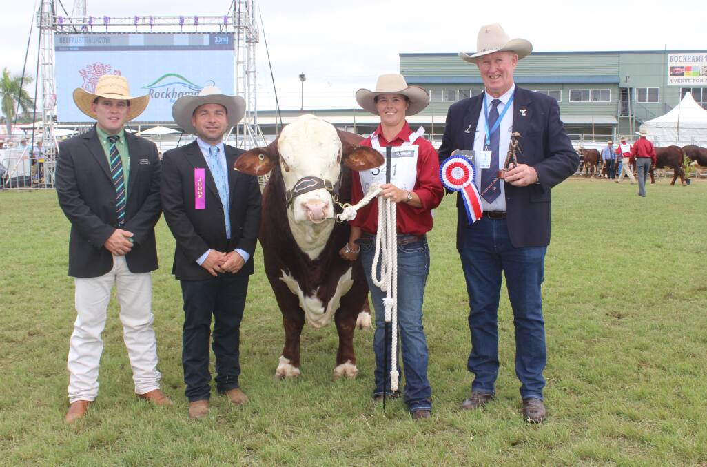Grand champion Braford bull Strathgyle Washington (P) exhibited by the McNamara family, Strathgyle Brafords Bell, and is with Dane Pearce, Landmark, judge Marty Rowlands, held by Kate McNamara, and breed patron Larry Acton. Picture: Helen Walker