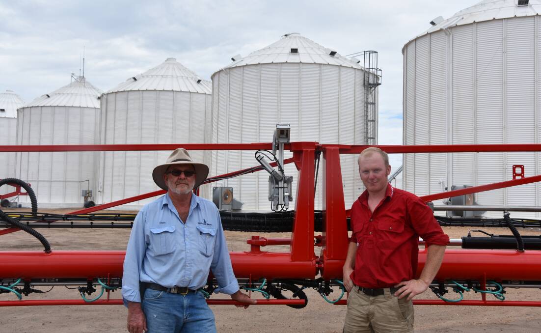 Beefwood Farms' manager Glenn Coughran and Agrifac product specialist James Smart with one of the weed-detecting cameras on the Agrifac Endurance spray unit.