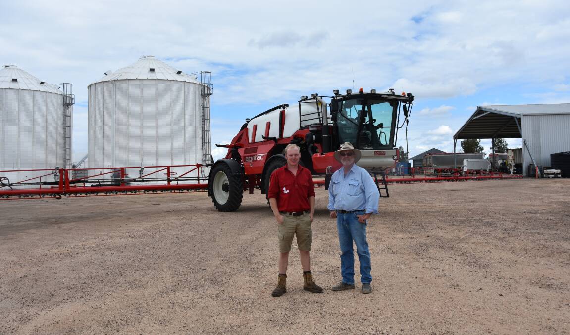 Agrifac product specialist James Smart and Beefwood Farms manager Glenn Coughran with the new Agrifac Endurance sprayer equipped with weed-detecting cameras.
