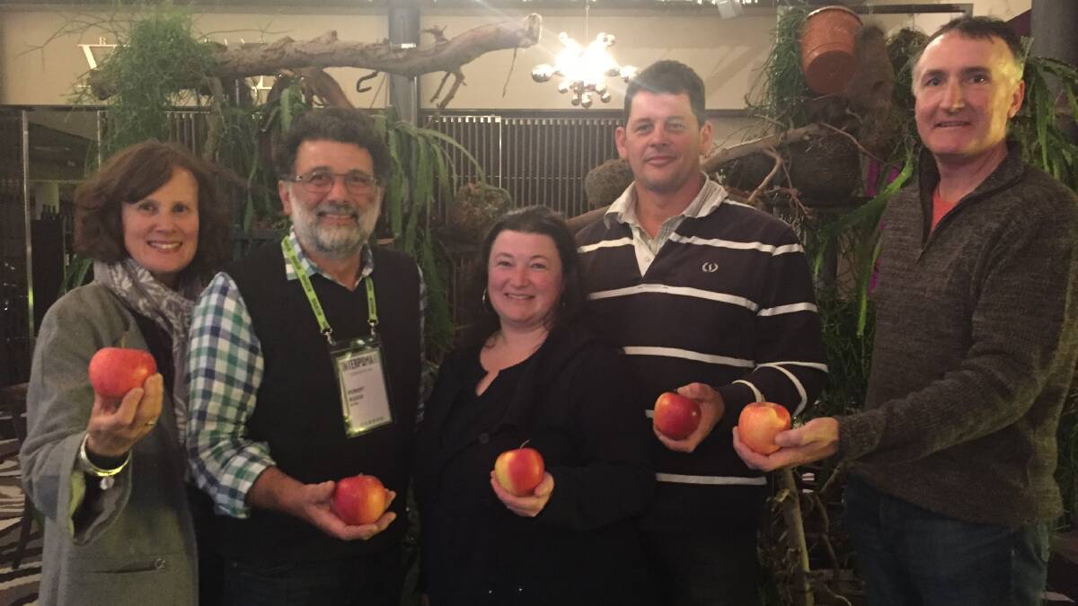 INTERPOMA EXPATS: At the opening night of international trade show on the apple, Interpoma, are Australian fruit industry representatives (from left) Anne and Robert Russo, from Victoria, Darlene and Brad Fankhauser, from Victoria, and Brendon Francis, from Tasmania. Picture: CAITLIN JARVIS.