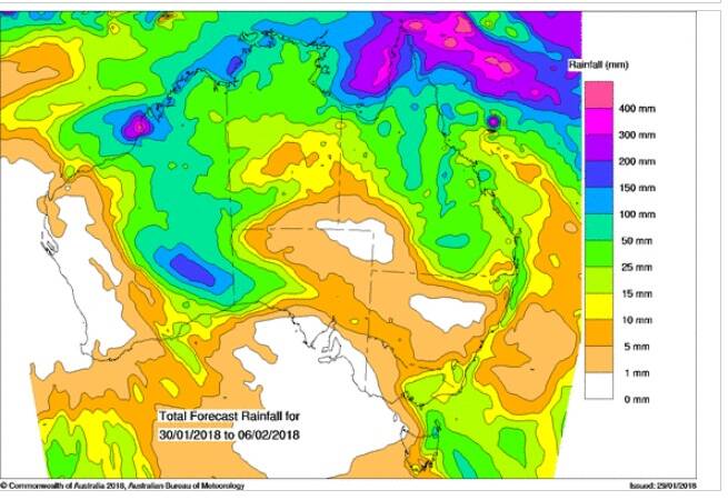 An eight day forecast from BOM for January 30 (today) through to February 6 (next Tuesday). 