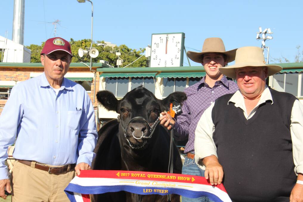 Sam Gullo, Breakfast Creek Hotel Venue Manager with the champion led steer, Voodoo Child, and owners David and Scott Bartley, Warwick. 