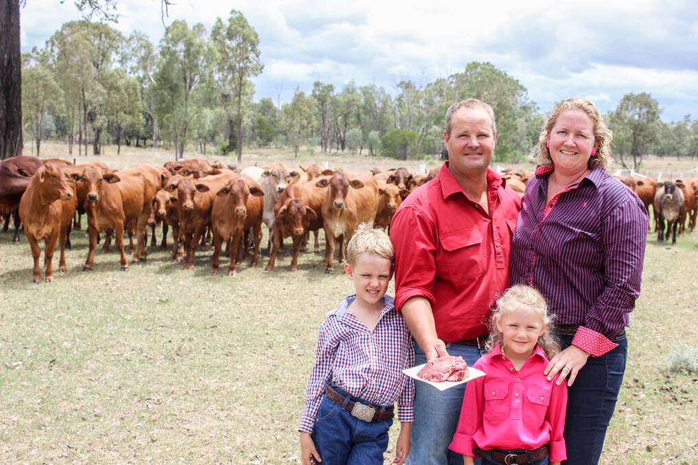 Craig and Bec Beissel with their children Maggie and Beau have established Maranoa Beef, a paddock to plate hamper business. Picture: Lucy Kinbacher