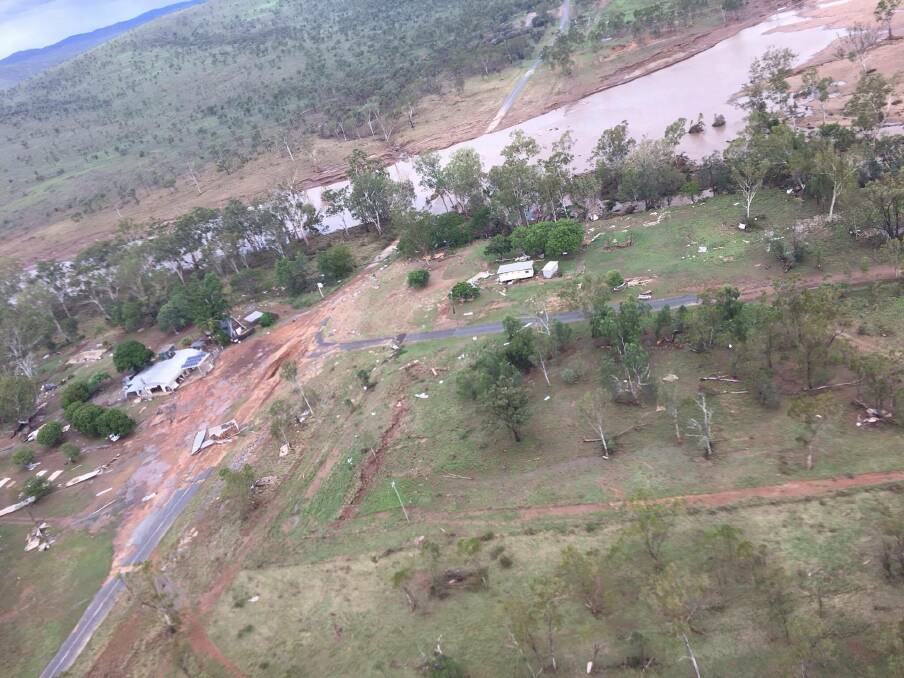 An aerial shot of Lotus Creek rest stop after the flood damage. Picture: BJ Rea