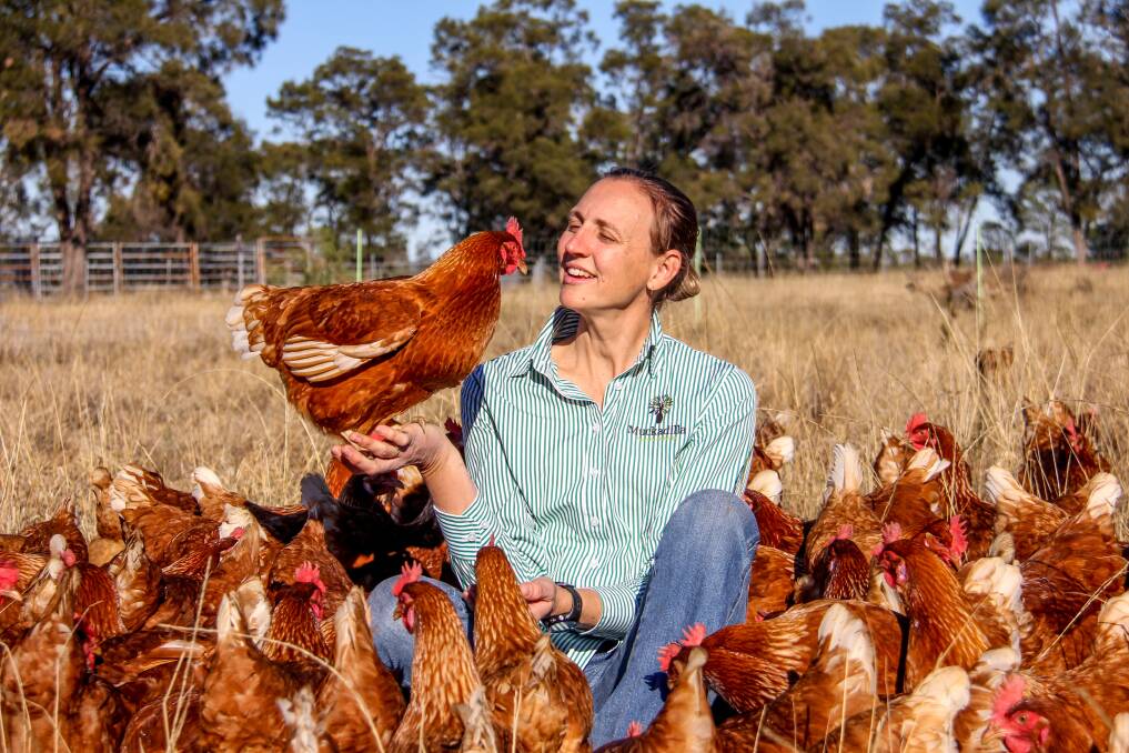 BRIGHT IDEA: Megan Mackay of Muckadilla Pasture-Fed Eggs and some of the family's 500 chickens, which run on oats and native grasses.
