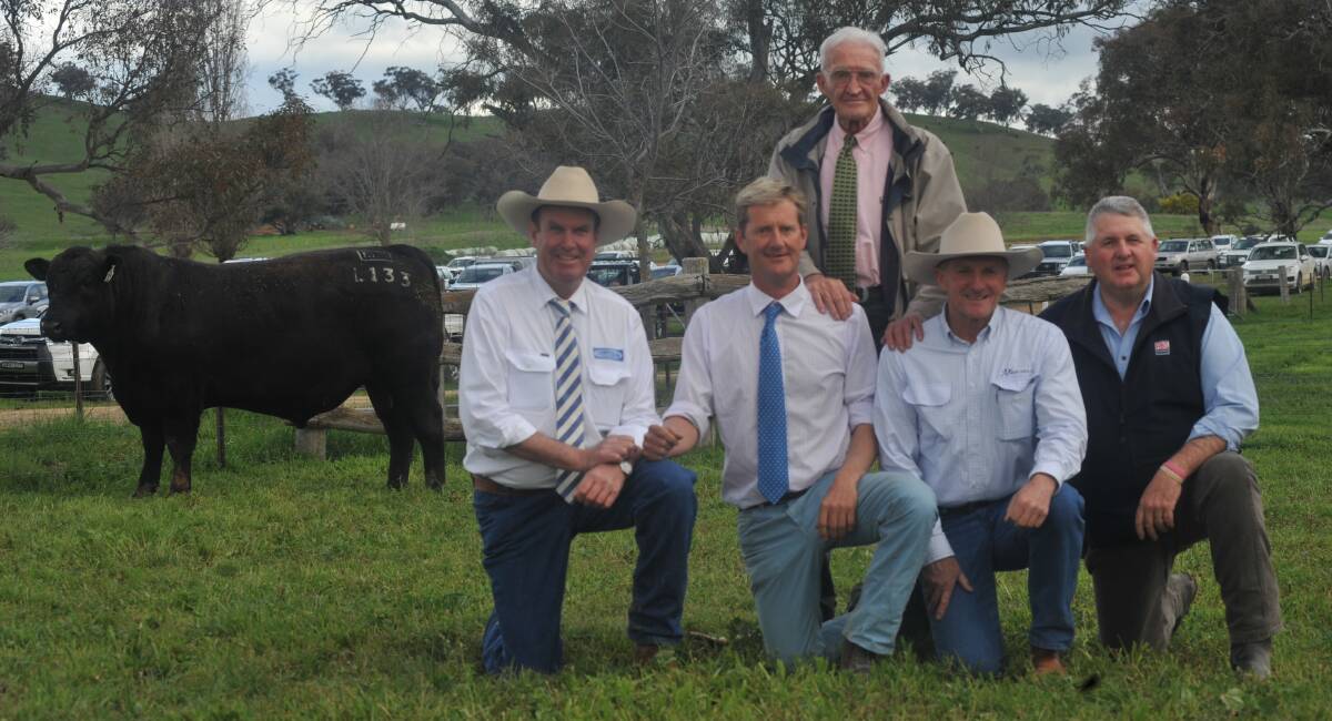 With the $85,000 top priced bull Millah Murrah Loch Up L133 are auctioneer Paul Dooley, Tamworth, breeders Ross Thompson and Wyatt Thompson, Millah Murrah, Bathurst, buyer Jim Wedge, Ascot Stud, Warwick, and Bill Cornell ABS Australia.