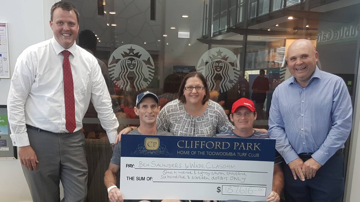 Racing Reaches Out recipients Ben Saunders and Wade Clasohm at the PA Hospital in Brisbane with Toowoomba Turf Club chief executive officer Blair Odgers, TTC business development manager Lizzy King and TTC chairman Kent Woodford.