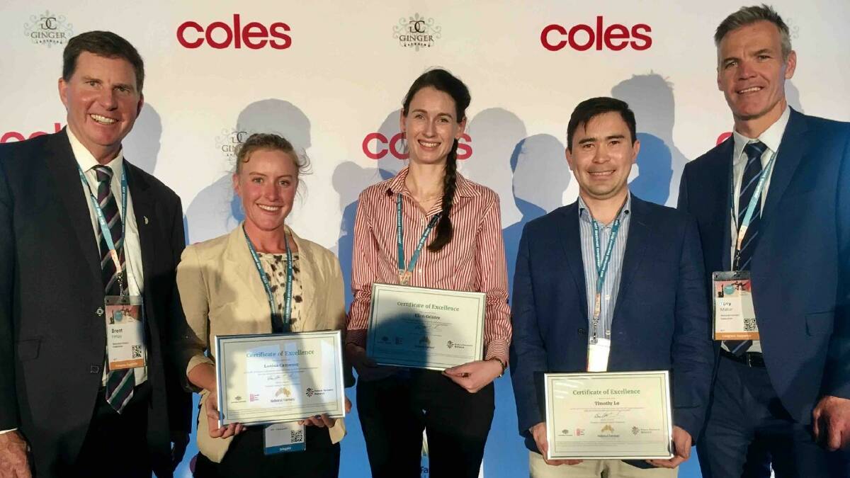 BRIGHT MINDS: Finalist Louisa Cameron, Goondiwinid, Qld, winner Ellen Grinter, Kaarimba, Vic, and finalist Timothy Lo, Perth, with NFF president Brent Finlay (left) and NFF chief executive officer Tony Mahar.