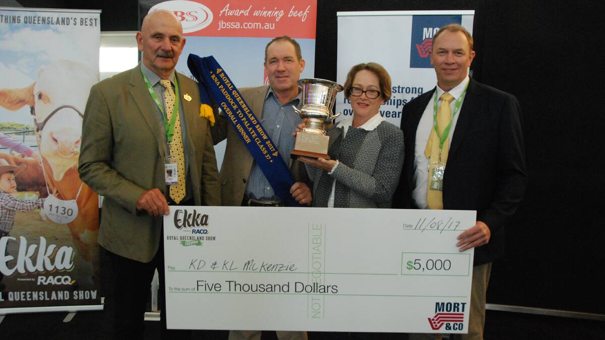 Paddock to Plate overall 70 day winners Ken and Kerry McKenzie, Blackwater, with RNA councillor Duncan Sturrock and Berry Reynolds, Mort and Co.
