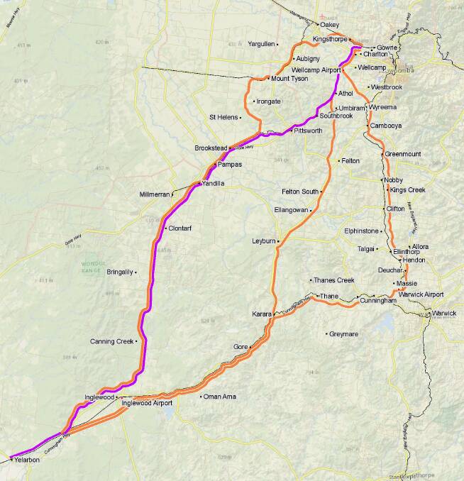 The chosen inland rail route is marked in purple. However, landholders want it shifted west so its skirts the majority of the agriculturally important Condamine floodplain.