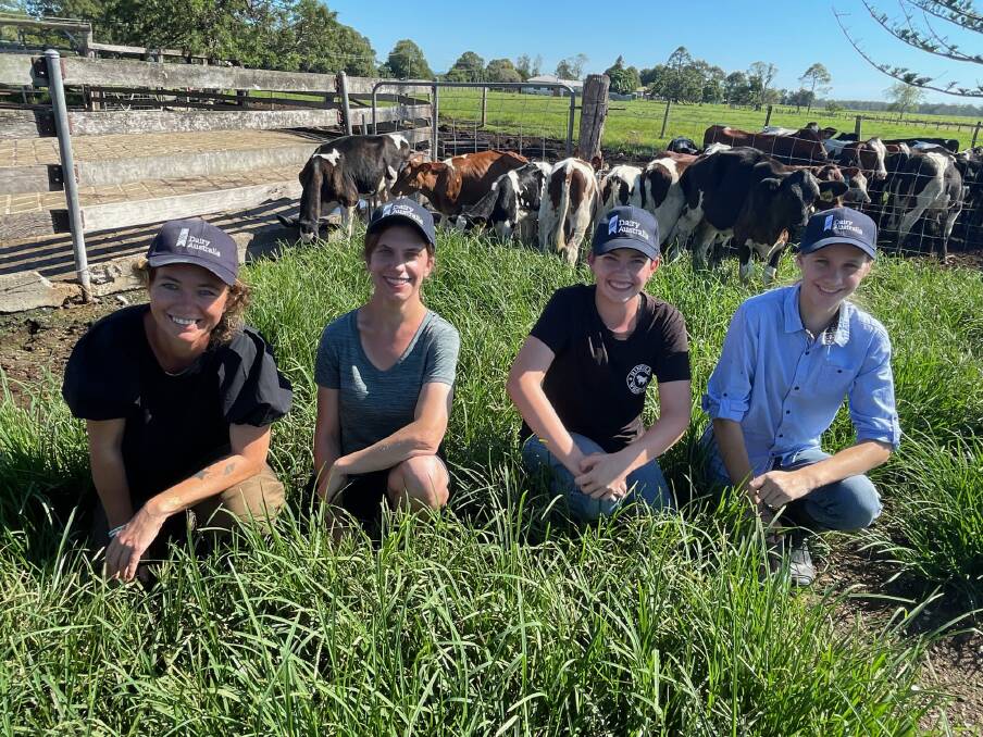 Ashleigh Anderson, Kate Clarke, Isabella Osbourne and Molly Handsaker took part in the introduction to dairy program at Kempsey, NSW, to help grow their skills and look at the industry as a possible career option. Picture by Samantha Townsend.