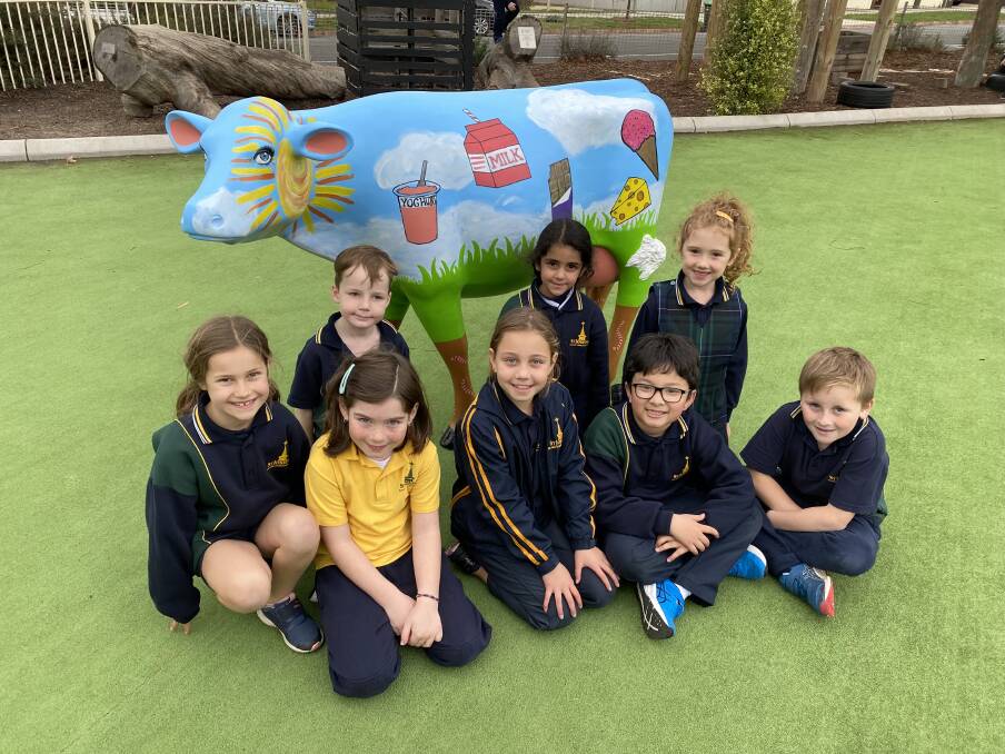 ART PROJECT: St Joseph's Primary Quarry Hill prep and, grade one and two students with Bessie the cow. Picture: ALEX GRETGRIX
