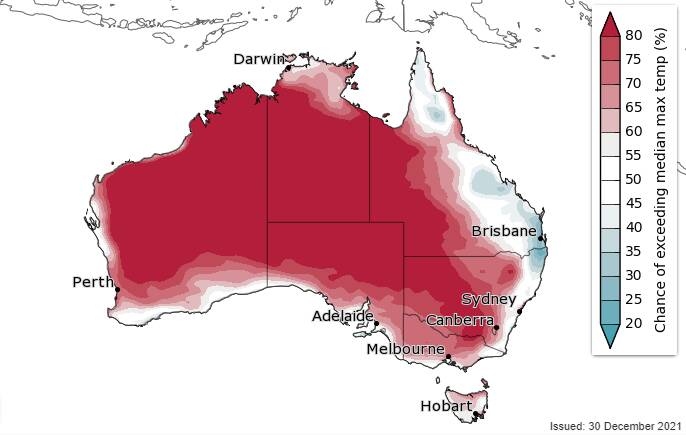 BoM's maximum temperature forecast, which shows the chance of above median max temperature for the period between January 3 and 9, 2022. 