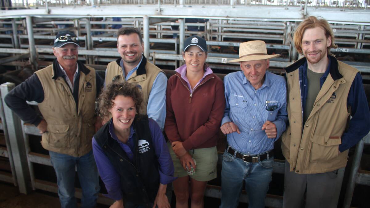 AT THE MORTLAKE SALE: Representatives of Steel Family Ag Maddy Jack and Andy Steel, Alyssa Calaby and Kurt Jungling with Gerard Bohan. Charles Stewart & Co, Colac. Steel Family Ag sold 23 Angus steers, 376kg for 340c/kg or $1277. Picture by Philippe Perez