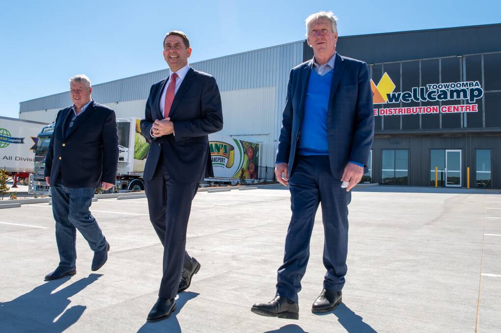 TAKE OFF: Wagner Corporation chairman John Wagner, Treasurer and Investment Minister Cameron Dick and Wagner Corporation director Denis Wagner at the opening of the Toowoomba Wellcamp Regional Trade Distribution Centre. Pictures: Brandon Long.
