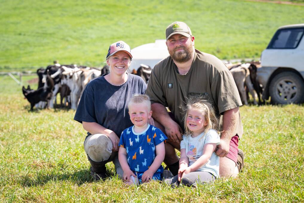 Natone, Tas, farmers Shona and Cam Wilson with their children Colton, 3 and Amelia, 4. Mr Wilson said he neglected his family during the toughest times on the farm. Picture by Katri Strooband