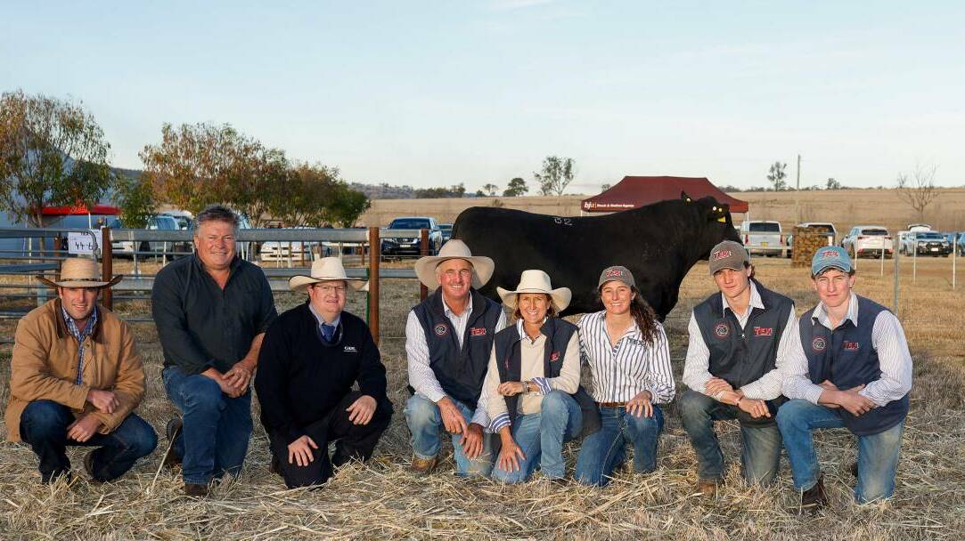 The $80,000 top-priced Texas Angus bull with Dave Gibson, World Wide Sires Australia, John Hurley, Kiah Maroo Angus, Toobeah, auctioneer Mark Duffy, Ben and Wendy Mayne, Texas Angus, with their children Rosie, Will and Lachlan.
