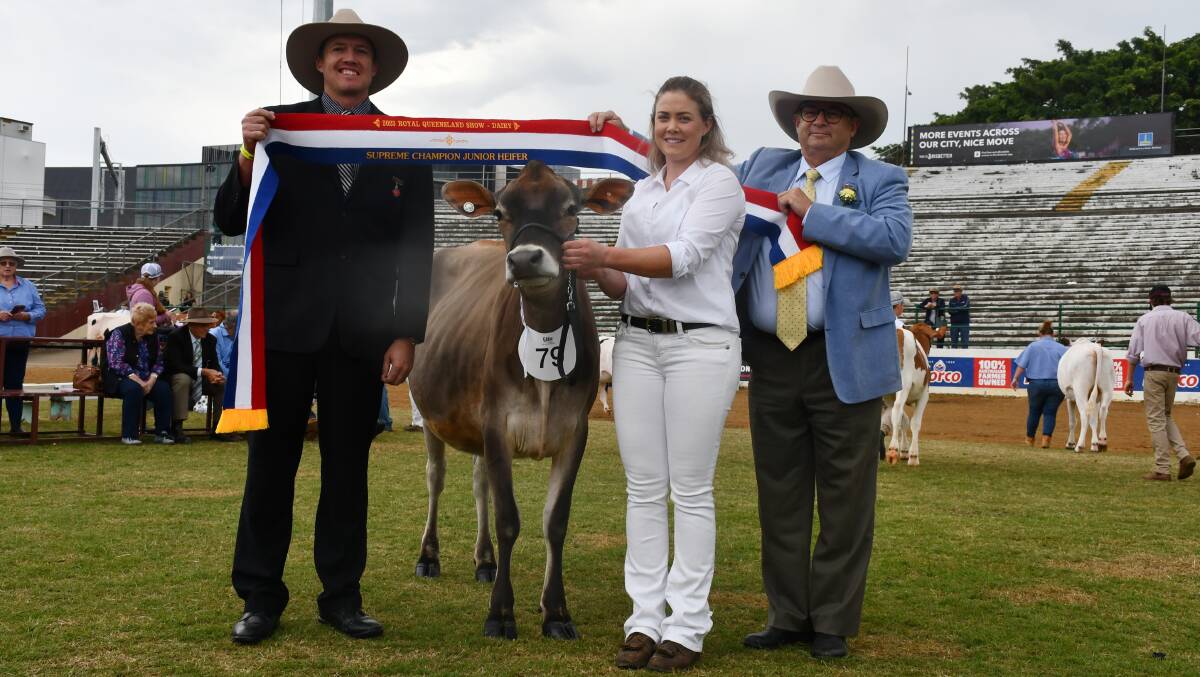 Supreme champion junior heifer, Adadale Valiant Petra 2, exhibited by the Paulger family, Kenilworth, Qld, led by Julia Paulger, presented by RNA cattle president Gary Noller and judge Kelvin Cochrane, Gympie, Qld. Picture by Clare Adcock