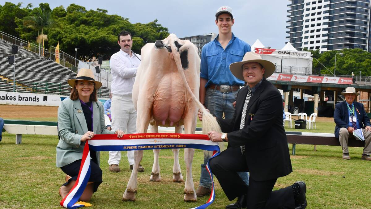 Supreme champion intermediate udder, Majuba Doc Lightning, exhibited by Peter and Jessica Garratt, Southbrook, Qld, led by Kieran Coburn, with Malachai Garratt, presented by RNA Councillor Kerri Robertson and judge Kelvin Cochrane, Gympie, Qld. Picture by Clare Adcock