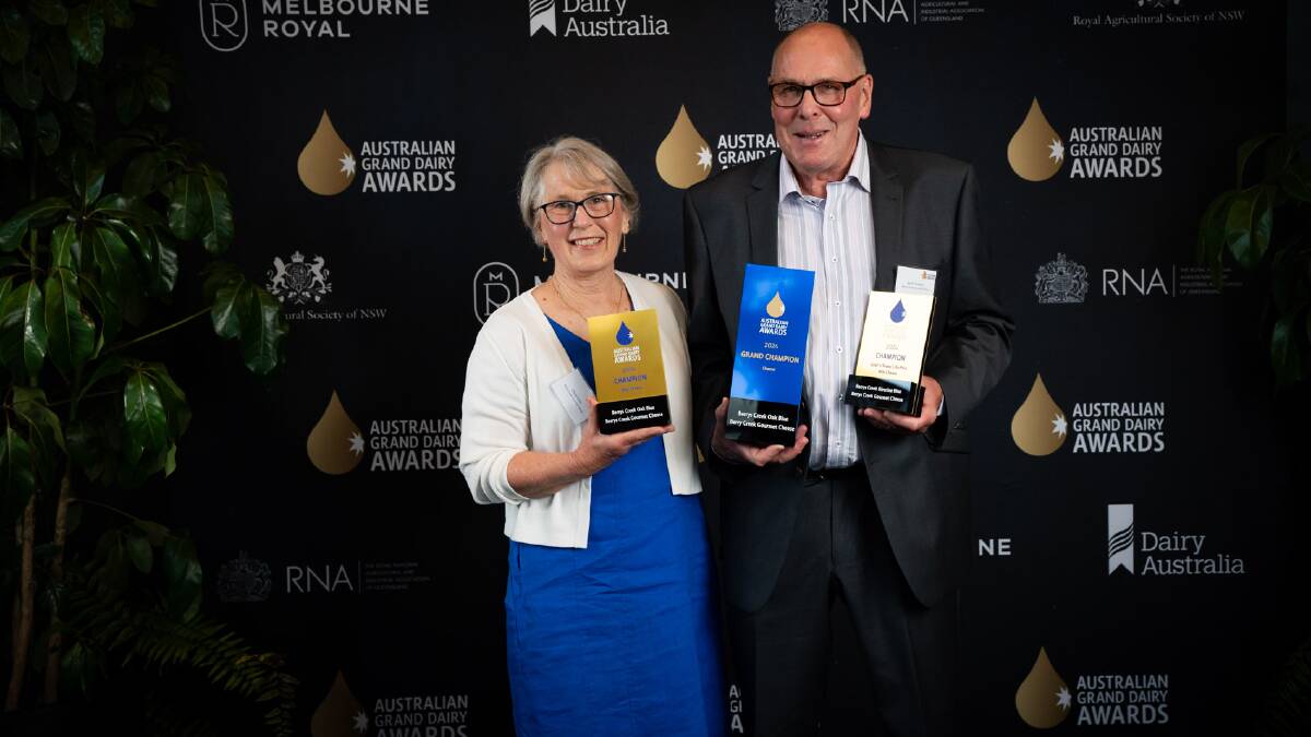 Berrys Creek Gourmet Cheese owners Cheryl Hulls and Barry Charlton, Fish Creek, at the 2024 Australian Grand Dairy Awards. Picture supplied