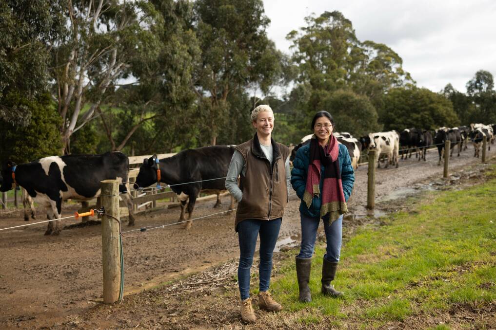 DairyFeedbase researchers Dr Vicki Russo and Dr Christie Ho at the Ellinbank Smartfarm in Gippsland, Victoria. Picture supplied by Dairy Australia 
