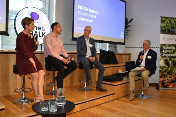 At the SA Government's AgTech Growth Fund event at Lot Fourteen were Cropify's Anna Falkiner, RipenTech's Mason Erkelens and Airborne Logic's Andy Chambers speaking with RMC president Leigh Radford. Picture Paula Thompson