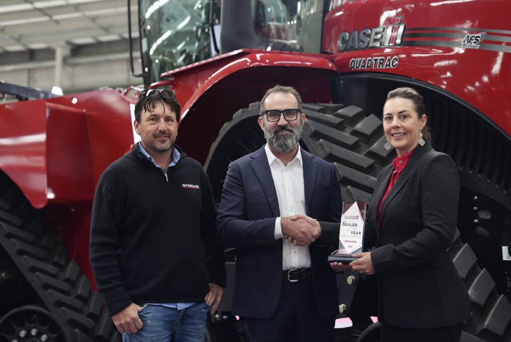 Intersales director Adam Blachut, CNH business director - agriculture ANZ Aaron Bett and Intersales chief executive officer Amanda Blachut. Intersales received the Case IH Dealer of the Year award for three or more branches. Picture supplied