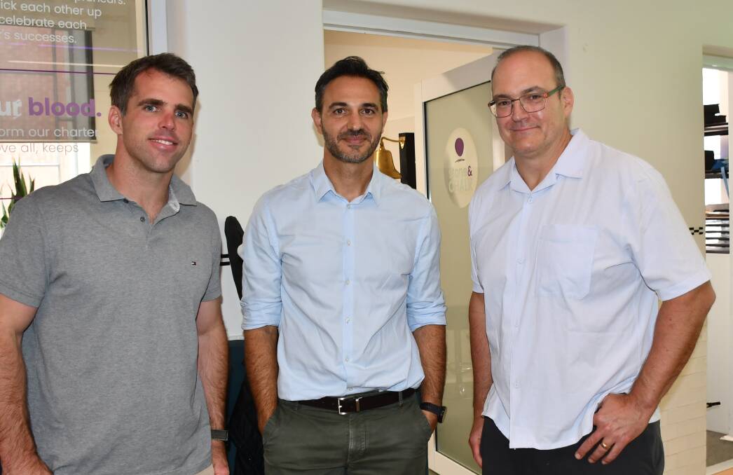 Tom Boot, Myriota, Simon Hareb, Core Innovation, and Steven Siciliano, EMS Soil Science at Lot Fourteen in Adelaide, where Mr Siciliano was a guest speaker at an AgriTech Meetup Group/Agribusiness Australia event. Picture Paula Thompson