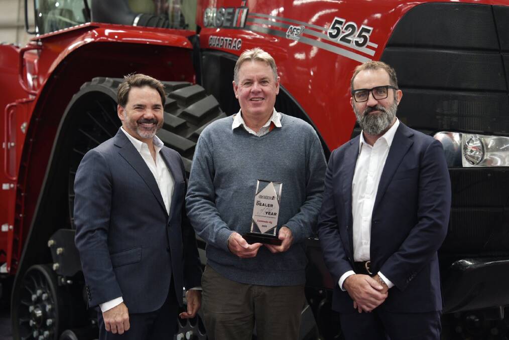 Larwoods Ag director Mathew East is congratulated by CNH managing director for Australia and New Zealand Brandon Stannett and CNH business director - agriculture ANZ Aaron Bett on winning the Case IH Dealer of the Year award for one to two branches. Picture supplied