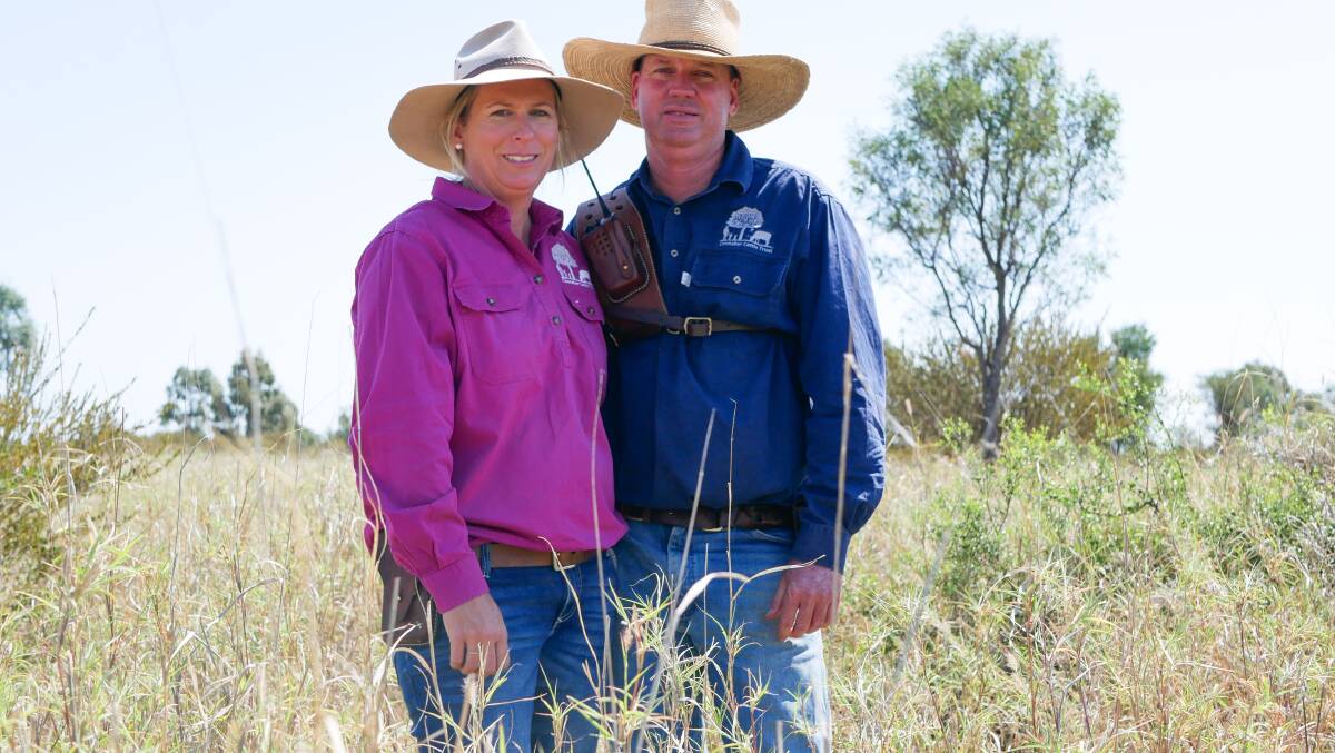 Kristy and Cameron Gibson stand in a paddock that has been rested since July. The paddock shows the grass at a stage two growth level, which they consider an ideal stage for production. Picture by Ellouise Bailey