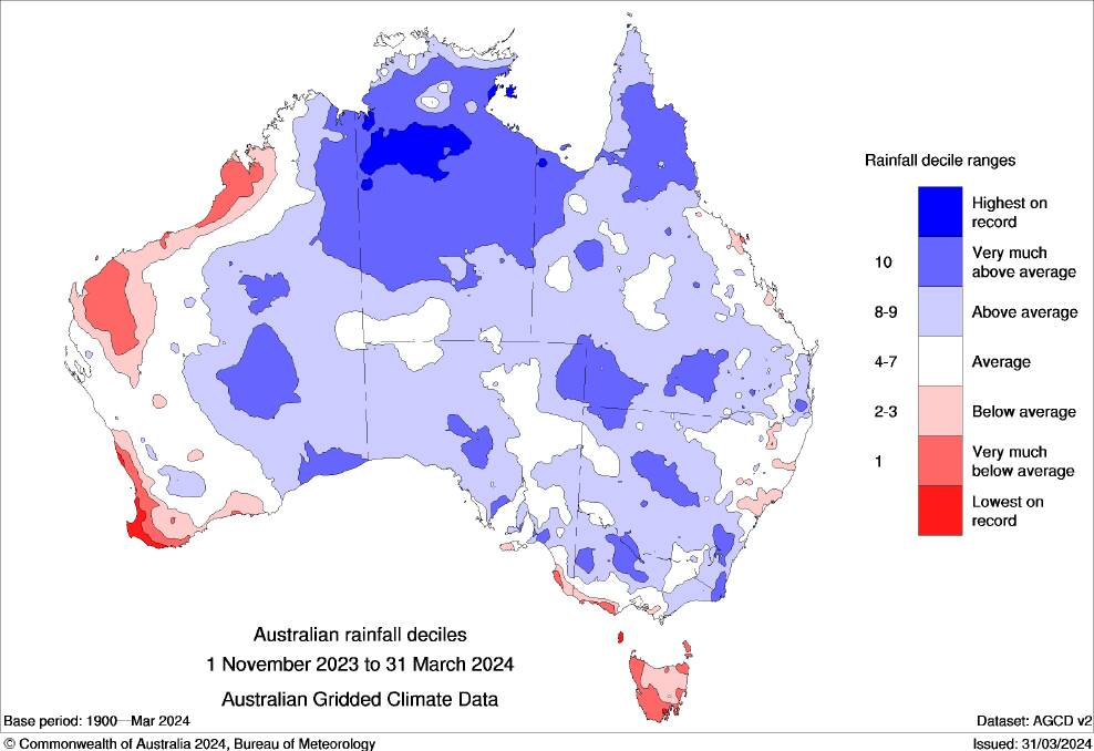 Australian rainfall deciles from November 2023 to March 2024. Picture supplied by BOM.
