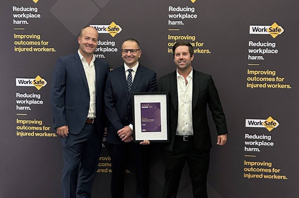 James and Paul Diamond, AirAgri, accept their award from Worksafe Victoria chief executive officer Joe Calafiore at the 34th annual Worksafe Awards. Picture supplied.