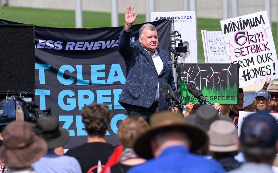 Craig Kelly addresses an anti-renewables rally in Canberra earlier this year. Picture by Sitthixay Ditthavong.