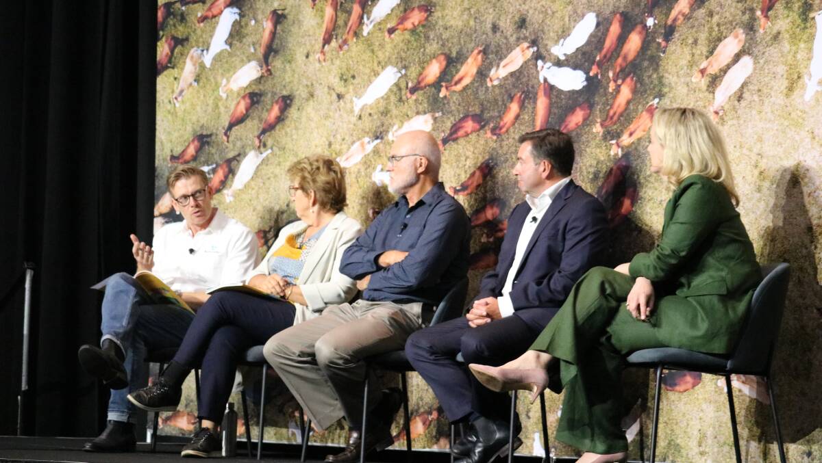 Jackson Hewett (left), AuctionsPlus head of content Jacqui Biddulph, Kerridge Farm director, University of Melbourne professor Richard Eckhard, co-founder and CEO of Rumin8, David Messina and Global Sustainability director Charlotte Weston, were part of a panel discussion on the first day of evokeAG. 2024.