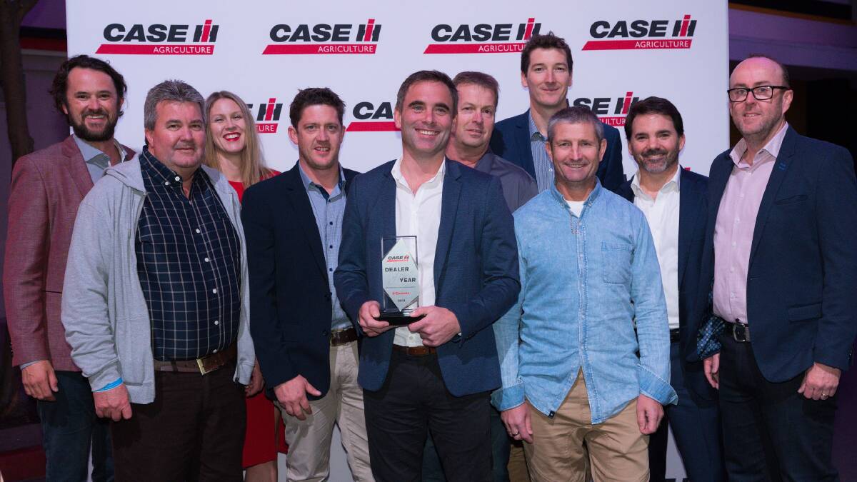 Winners: Case IH general manager Pete McCann, O'Connors Bordertown branch manager David Rogerson, Forbes branch manager Monica Langfield, Birchip branch manager Josh Hamilton, O'Connors CEO Gareth Webb, Shepparton branch manager Brendan O'Connor, Horsham branch manager Zach Holmes, West Wyalong branch manager Anthony Davies, CNH Industrial managing director Brandon
Stannett and O'Connors group operation manager Rowan Bennett. 