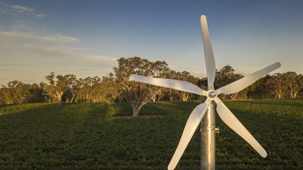 A FrostBoss C59 in an Australian vineyard. Frost fan blades are typically 5-6 metres in diameter and mounted on a 10-metre tower, powered by a 160 horsepower engine. Each fan, depending on site-specific features, will cover up to 8 hectares. 