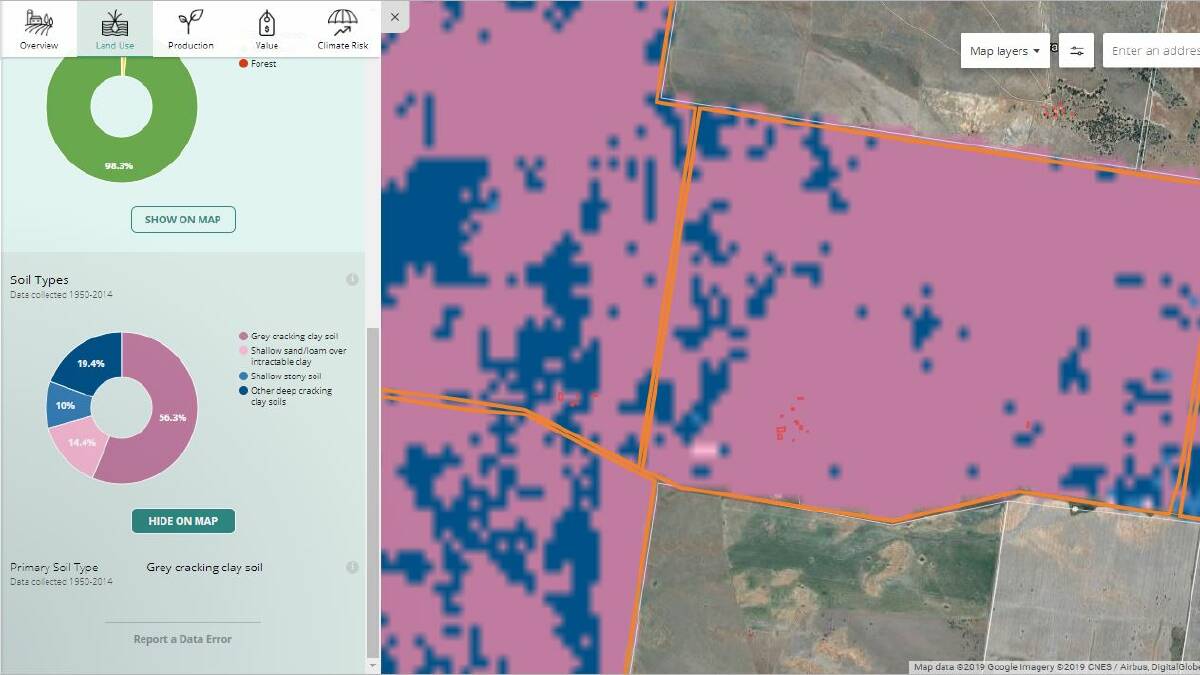 DATA LAYERS: The DAS Rural Intelligence Platform allows users to zoom in on a farm and examine data layers including soil type, remnant vegetation and land use. 