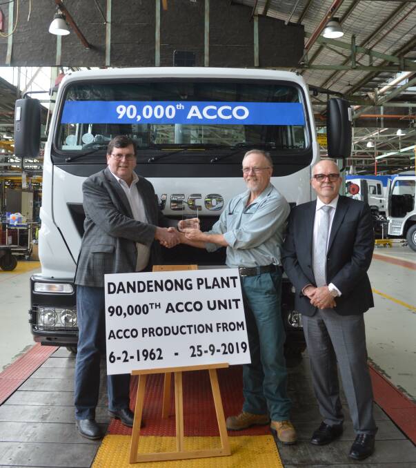 IVECO Australia business director Bruce Healy, Solo Resource Recovery national fleet manager, David Hancock and Iveco brand ambassador Lloyd Reeman.