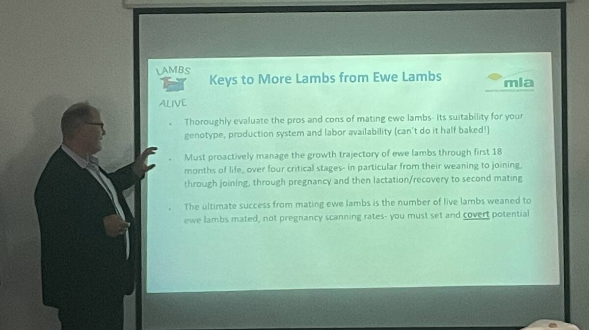 Dr Jason Trompf addressing the issue of joining ewe lambs during the 2023 SuperBorder Conference held in Wagga Wagga.