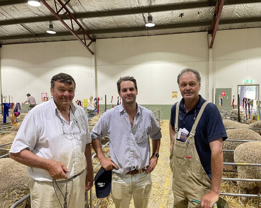 Wal, Alec and George Merriman taking a rest during the 2023 Great Southern Supreme Merino show in Canberra. Picture by Stephen Burns
