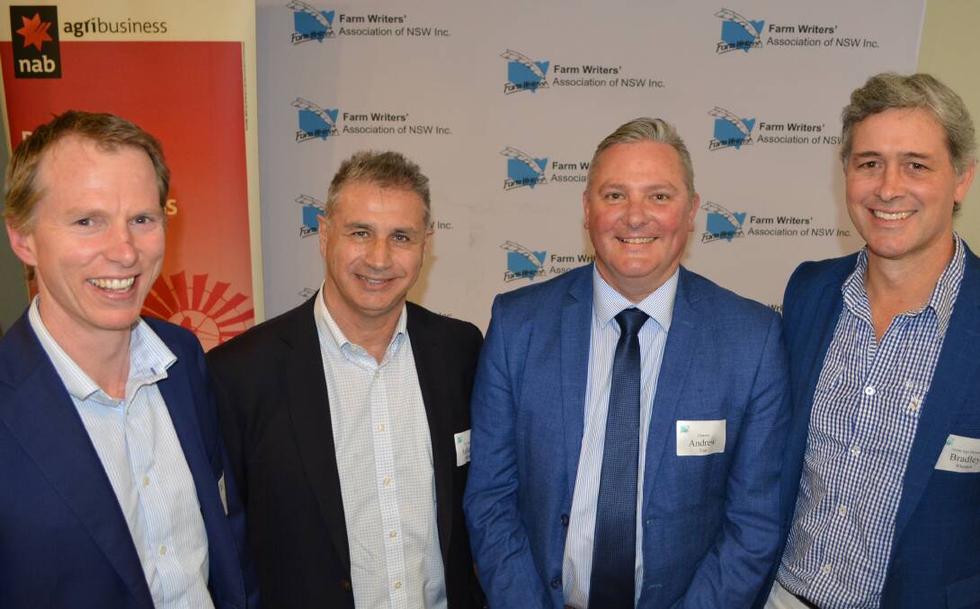 NSW Farm Writers' Association president, George Hardy, with investor panelists, Anthony Abraham, Roc Partners; Andrew Tout, Centuria Capital and Brad Wheaton, Gunn Agri Partners, at the "Financing the future of farming" forum in Sydney. 