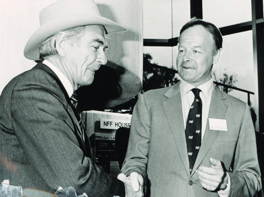 Bob Hawke and National Farmers Federation president, Ian McLachlan, at the opening of NFF House in Canberra in May, 1985.